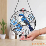 Bluebird Stained Glass Suncatcher Round Window Hanging with Blue Flowers Nature Bird Glass Panel Spring Garden Gift for