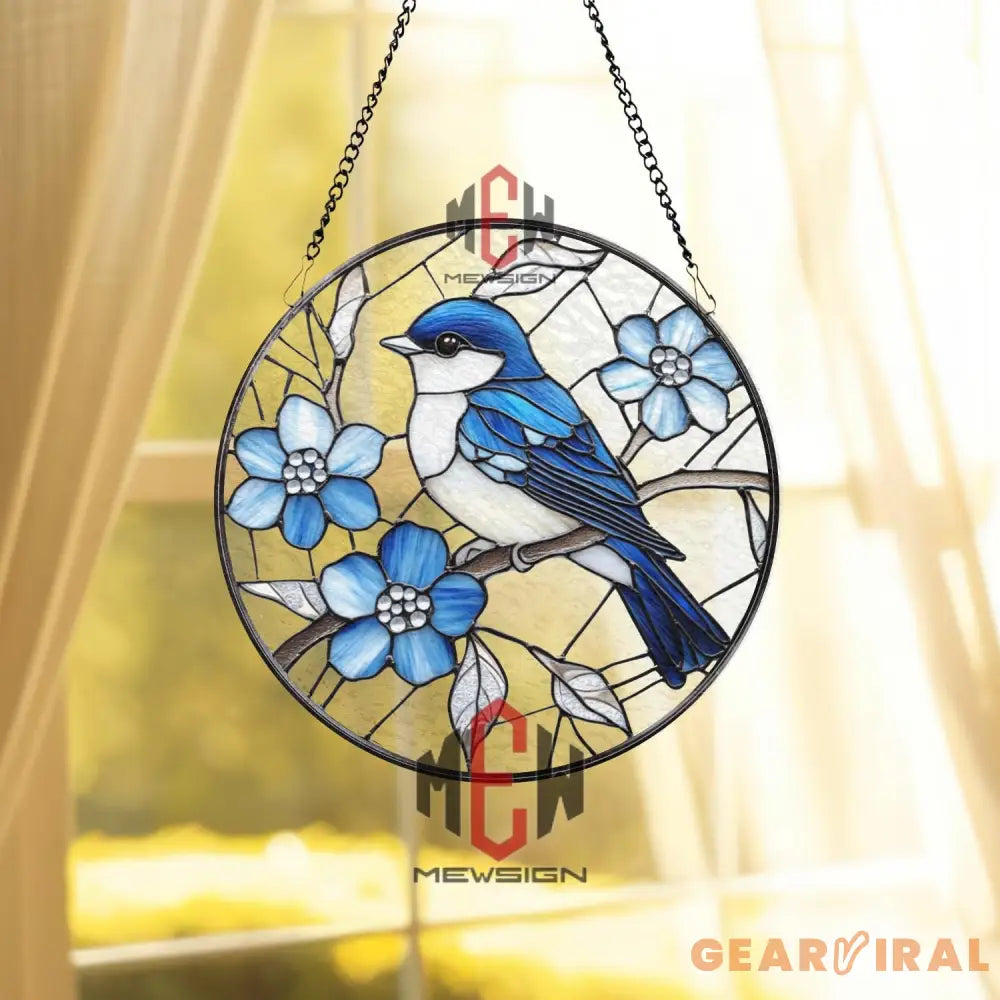 Bluebird Stained Glass Suncatcher Round Window Hanging with Blue Flowers Nature Bird Glass Panel Spring Garden Gift for
