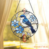 Bluebird Stained Glass Suncatcher Round Window Hanging with Blue Flowers Nature Bird Glass Panel Spring Garden Gift for