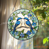 Bluebirds Stained Glass Suncatcher Lovebird Window Panel Romantic Bird Couple Decor Nature-Inspired Blue Floral Gift
