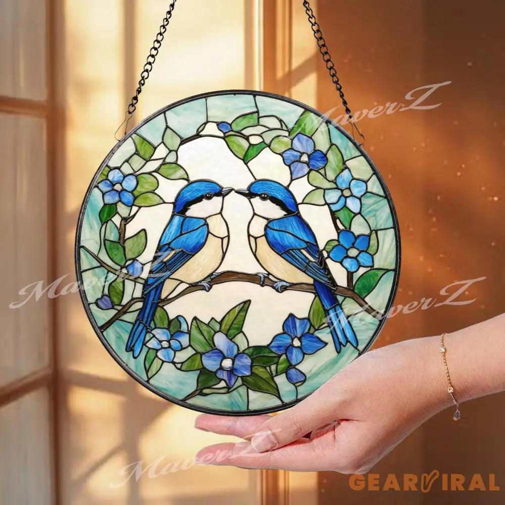 Bluebirds Stained Glass Suncatcher Lovebird Window Panel Romantic Bird Couple Decor Nature-Inspired Blue Floral Gift