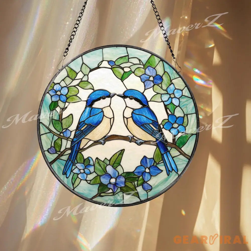 Bluebirds Stained Glass Suncatcher Lovebird Window Panel Romantic Bird Couple Decor Nature-Inspired Blue Floral Gift