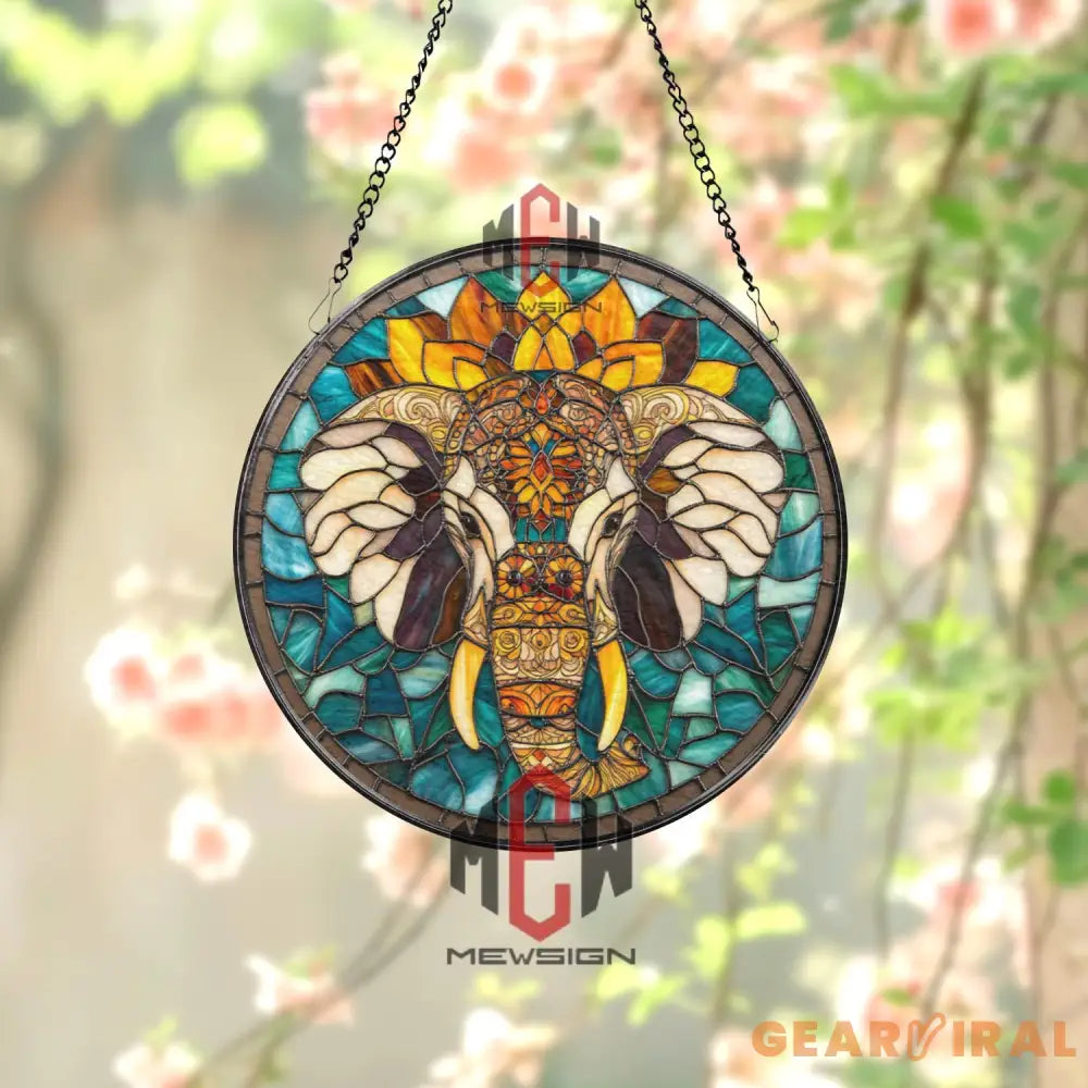 Boho Elephant Stained Glass Suncatcher Mandala Elephant Window Decor Tribal Glass Art Spiritual Jungle Animal Gift