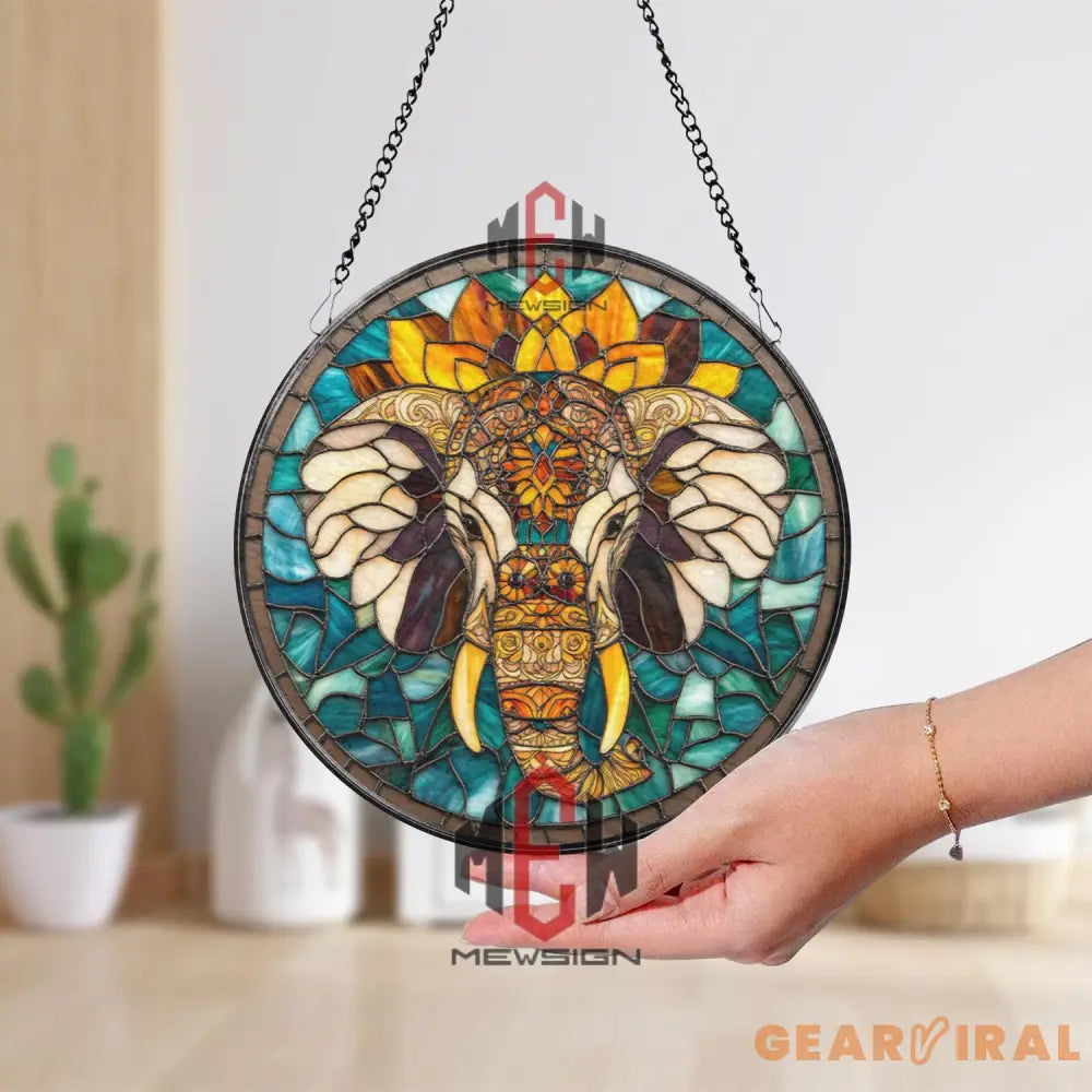 Boho Elephant Stained Glass Suncatcher Mandala Elephant Window Decor Tribal Glass Art Spiritual Jungle Animal Gift