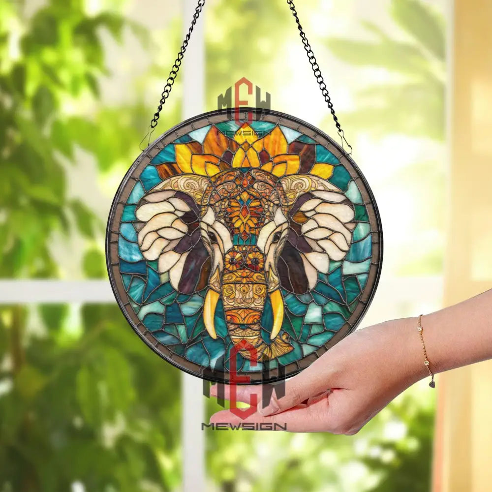 Boho Elephant Stained Glass Suncatcher Mandala Elephant Window Decor Tribal Glass Art Spiritual Jungle Animal Gift
