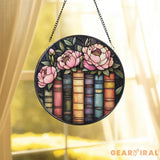 Book and Peony Stained Glass Suncatcher Floral Library Window Hanging Gift for Book Lovers Reading Nook Decor Literary