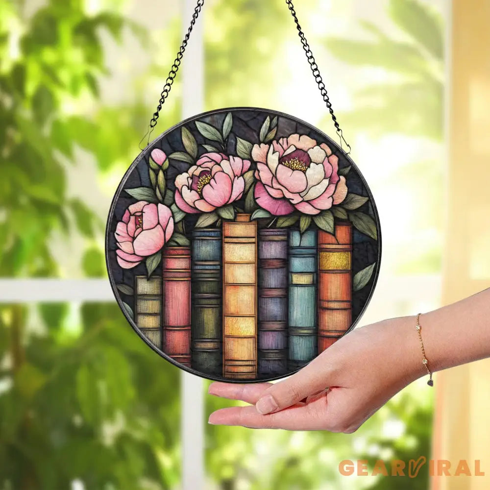 Book and Peony Stained Glass Suncatcher Floral Library Window Hanging Gift for Book Lovers Reading Nook Decor Literary