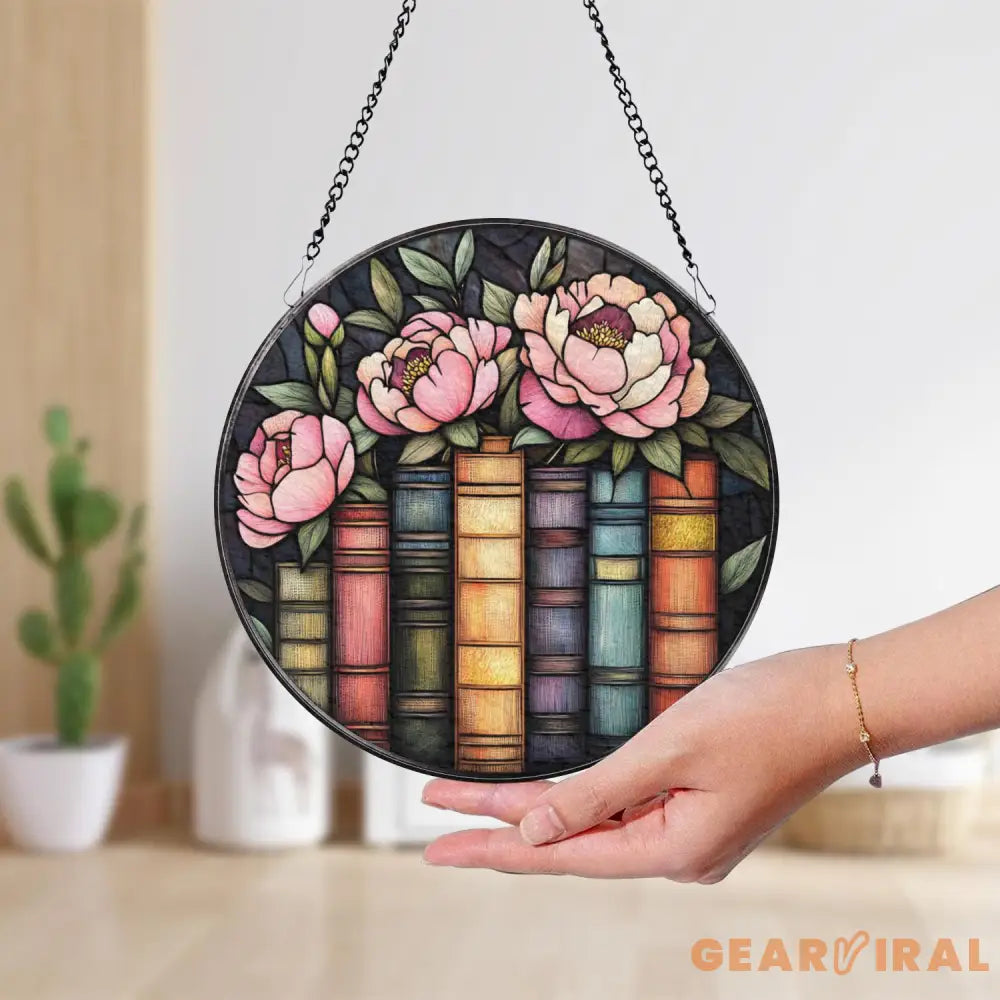 Book and Peony Stained Glass Suncatcher Floral Library Window Hanging Gift for Book Lovers Reading Nook Decor Literary