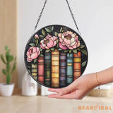 Book and Peony Stained Glass Suncatcher Floral Library Window Hanging Gift for Book Lovers Reading Nook Decor Literary