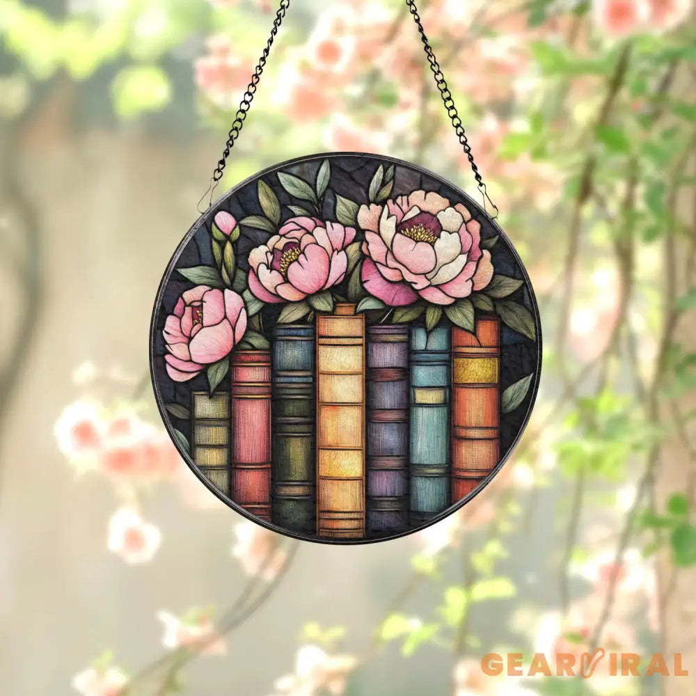 Book and Peony Stained Glass Suncatcher Floral Library Window Hanging Gift for Book Lovers Reading Nook Decor Literary