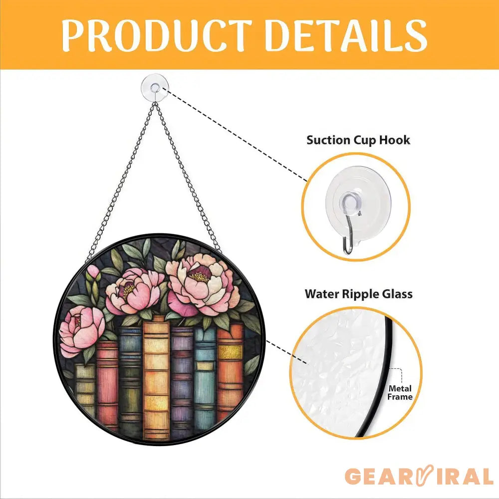 Book and Peony Stained Glass Suncatcher Floral Library Window Hanging Gift for Book Lovers Reading Nook Decor Literary