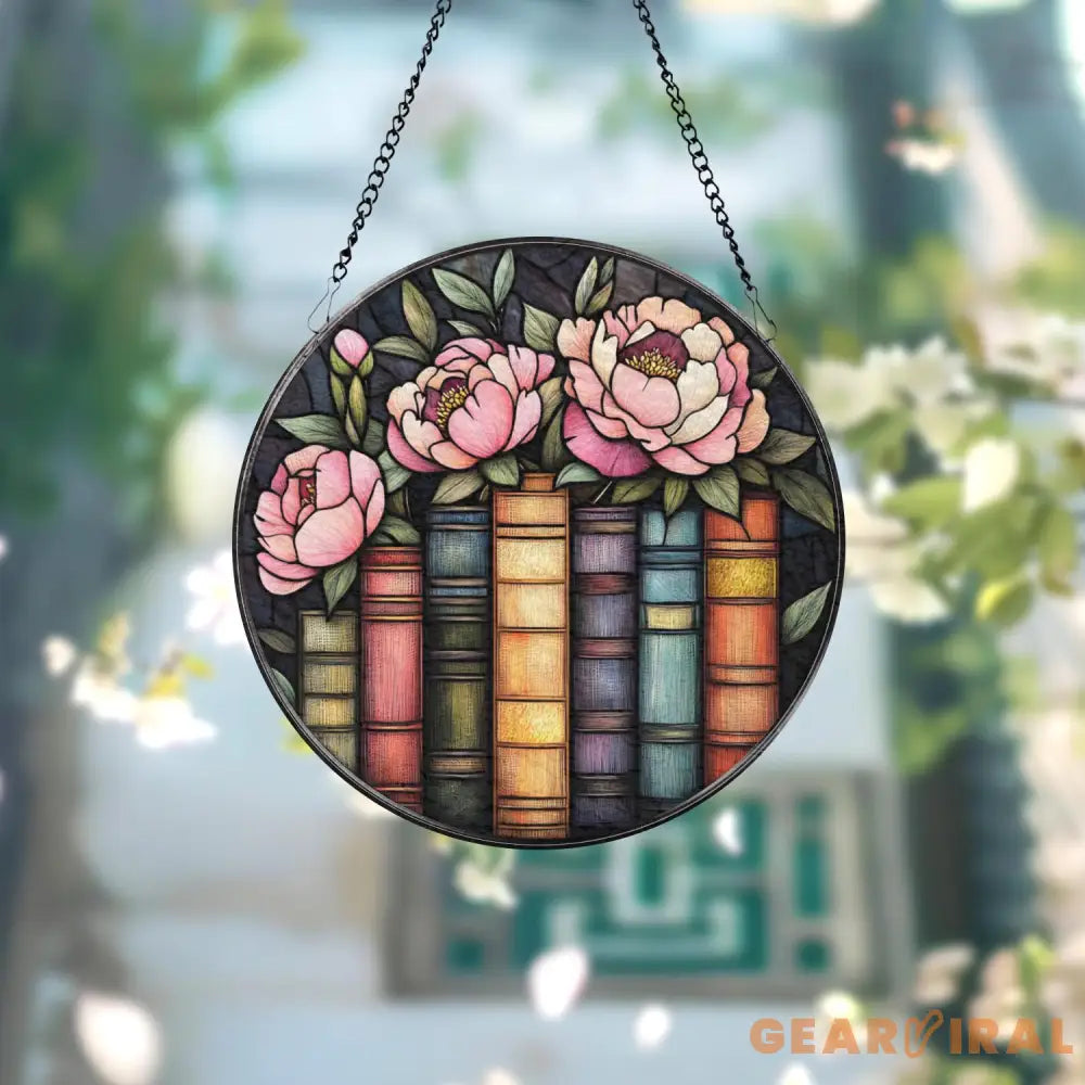 Book and Peony Stained Glass Suncatcher Floral Library Window Hanging Gift for Book Lovers Reading Nook Decor Literary
