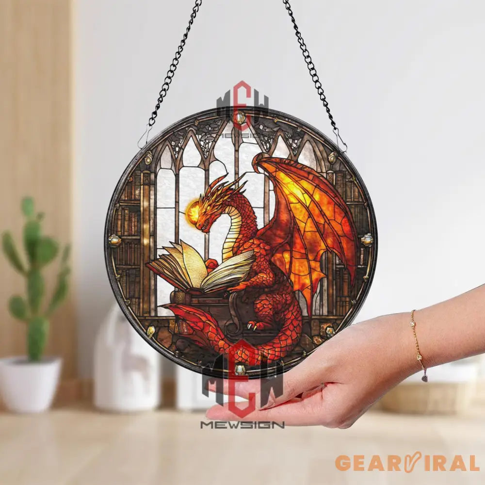 Book Dragon Stained Glass Suncatcher Red Dragon Reading Window Panel Fantasy Library Decor Gothic Wizard Study Gift