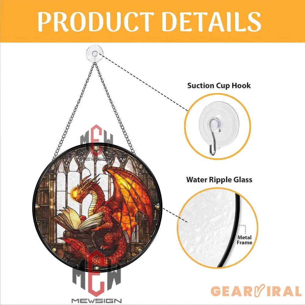 Book Dragon Stained Glass Suncatcher Red Dragon Reading Window Panel Fantasy Library Decor Gothic Wizard Study Gift