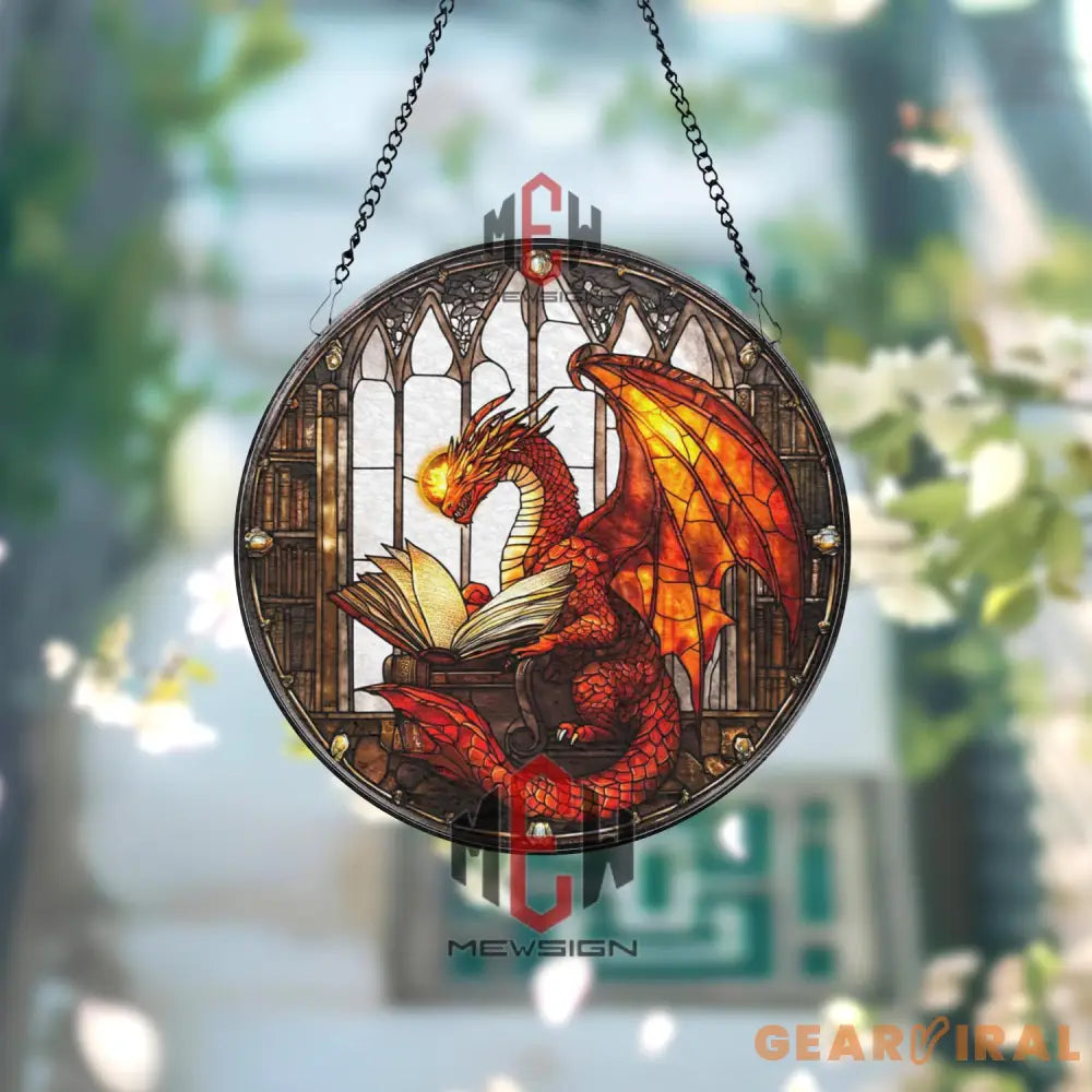 Book Dragon Stained Glass Suncatcher Red Dragon Reading Window Panel Fantasy Library Decor Gothic Wizard Study Gift