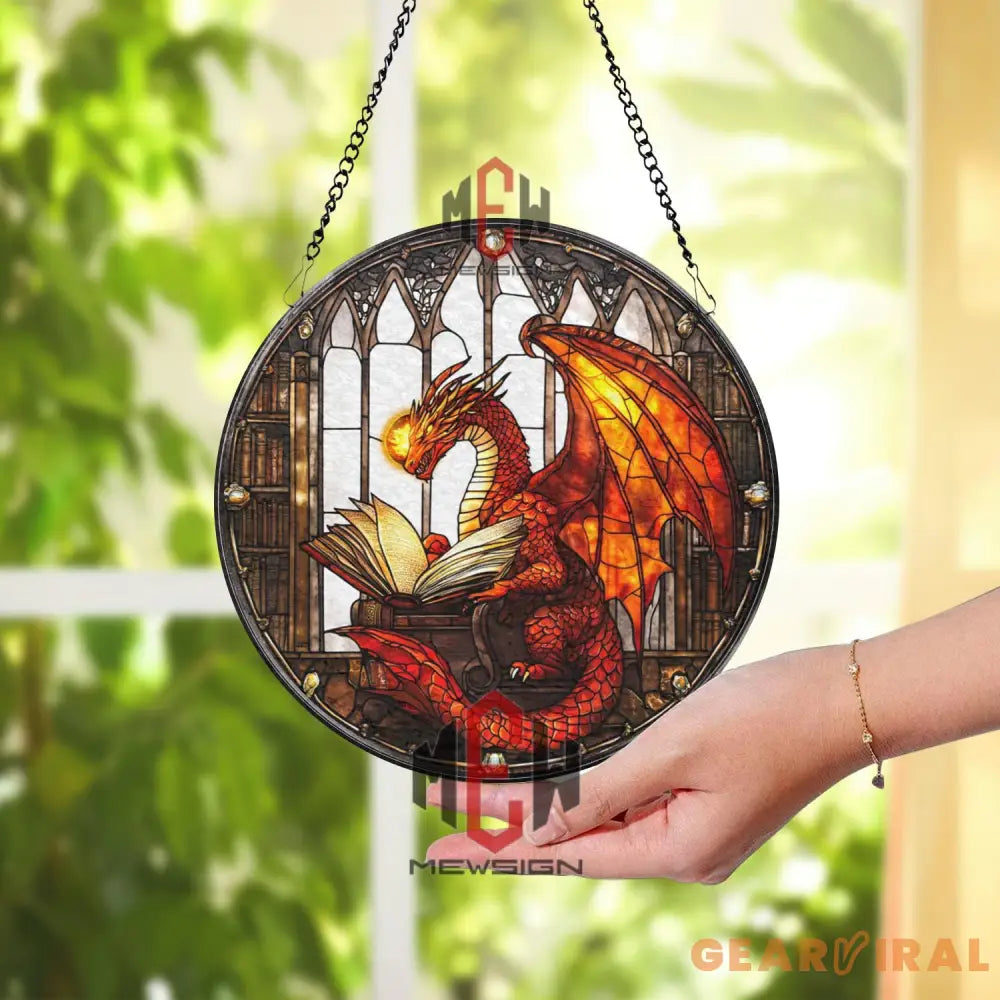 Book Dragon Stained Glass Suncatcher Red Dragon Reading Window Panel Fantasy Library Decor Gothic Wizard Study Gift