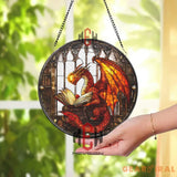 Book Dragon Stained Glass Suncatcher Red Dragon Reading Window Panel Fantasy Library Decor Gothic Wizard Study Gift