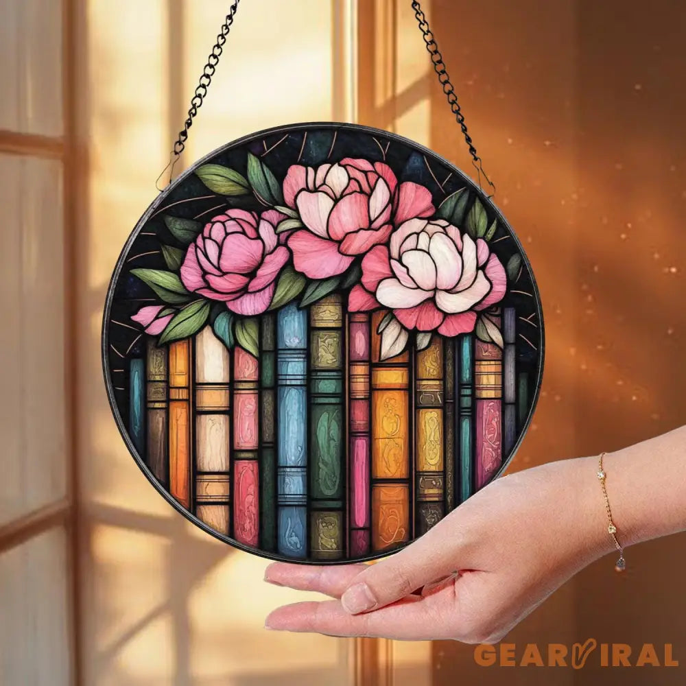 Books and Peonies Stained Glass Suncatcher Round Floral Library Window Hanging Reading Nook Decor Gift for Book Lovers