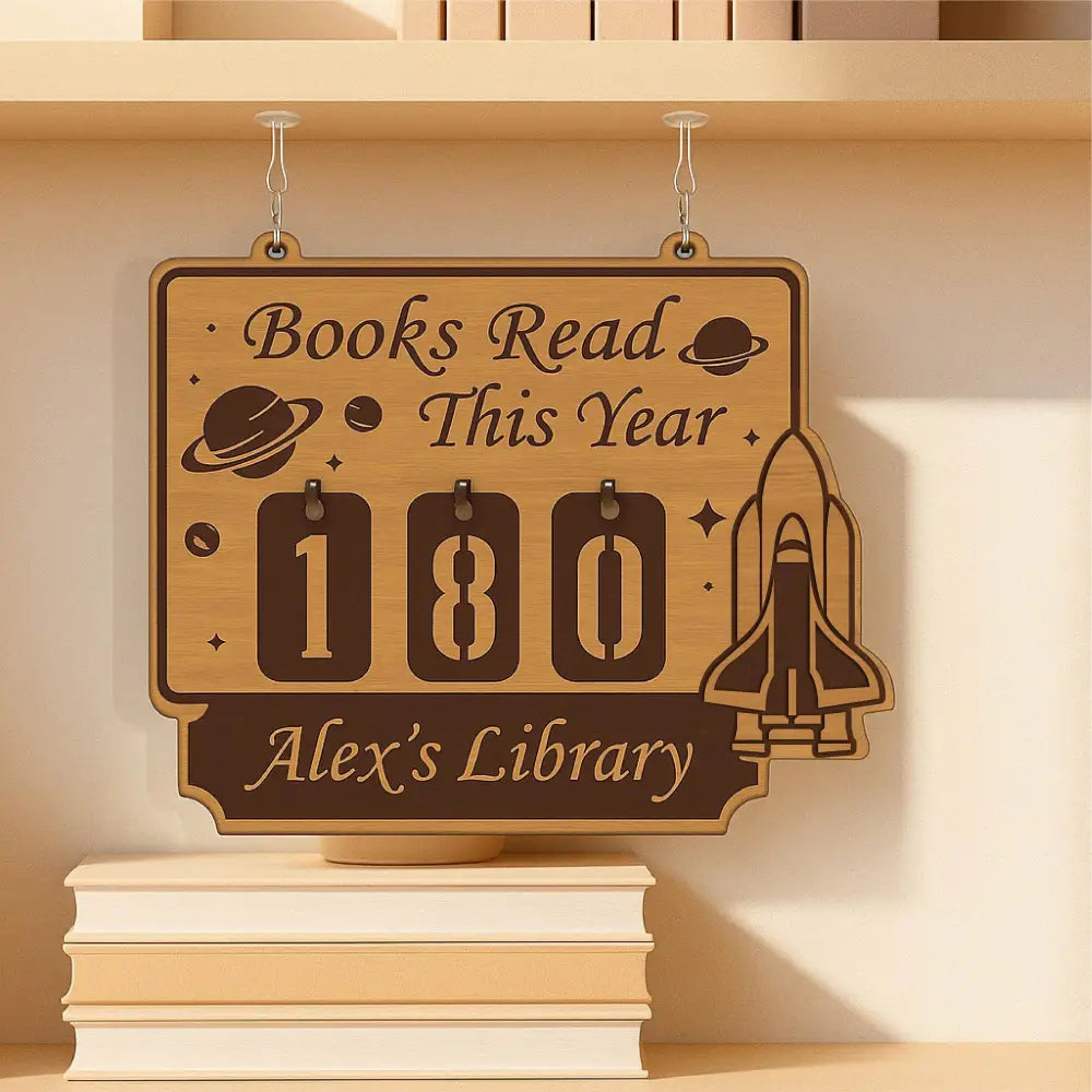 Books Read This Year Tracker – Space Shuttle and Planets Design, Unique Gift for Readers, Cosmic Bookshelf Counter, Yearly Reading Challenge