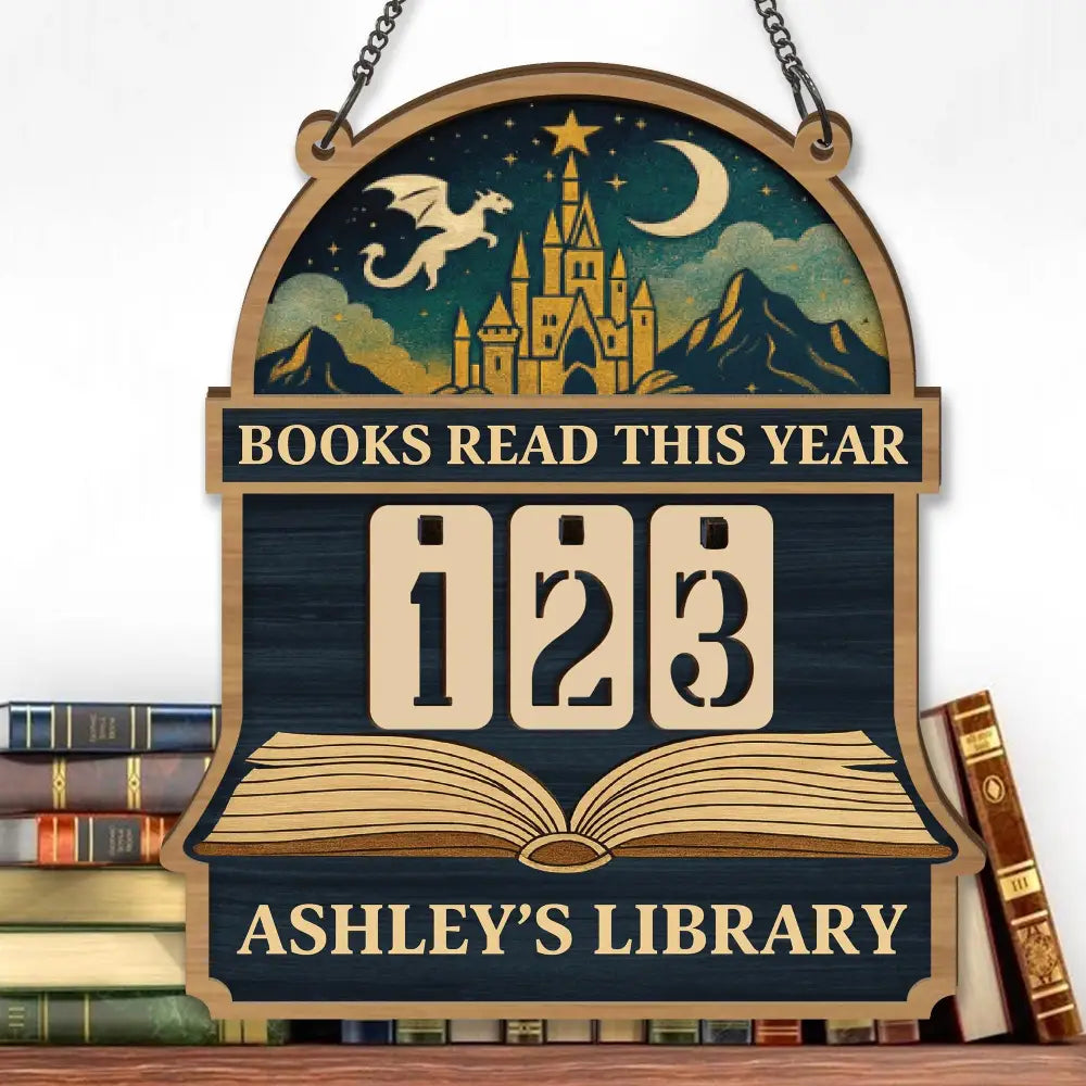 Books Read This Year Tracker – Wooden Castle and Dragon Library Sign, Fantasy Book Counter, Personalized Gift for Readers