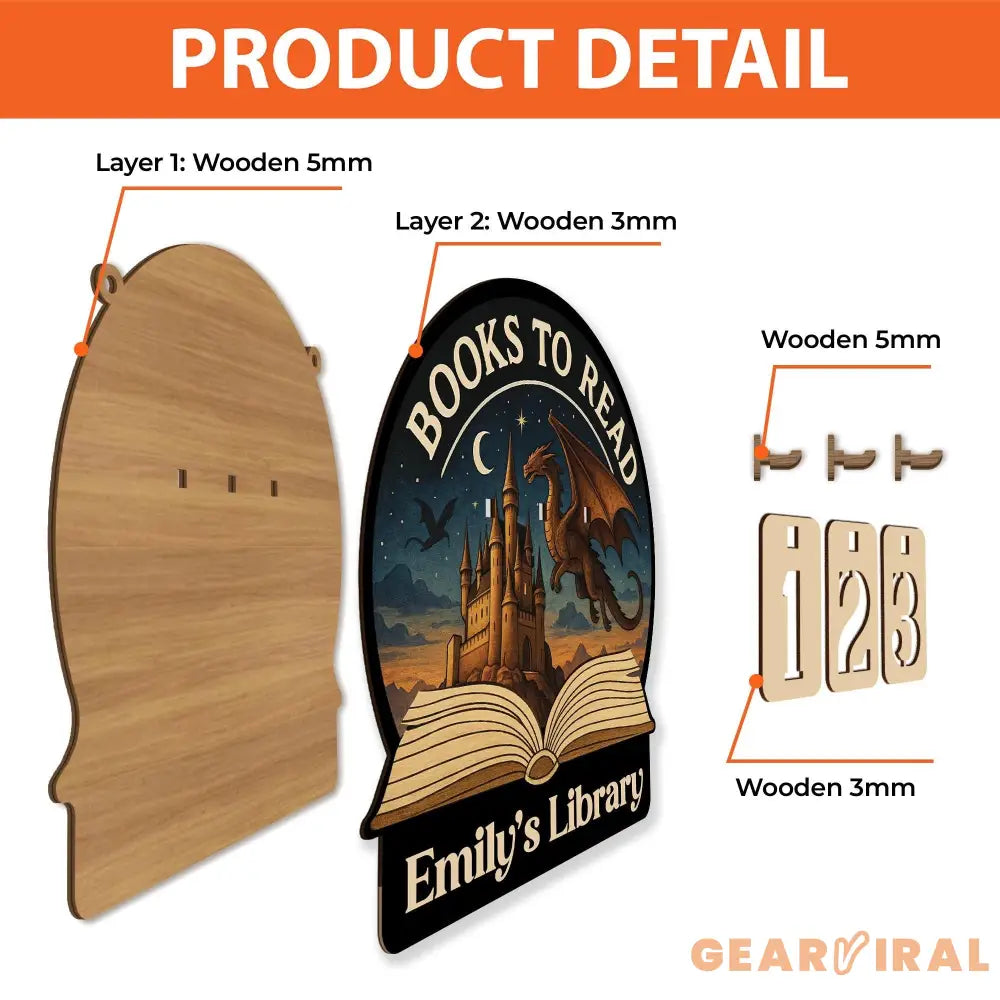 Books To Read Wooden Tracker – Fantasy Castle and Dragon Library Sign, Personalized Book Counter, Unique Gift for Book Lovers
