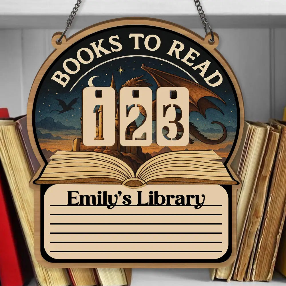 Books To Read Wooden Tracker – Fantasy Dragon and Castle Library Sign with List Section, Personalized Book Counter Gift, Bookish Gift
