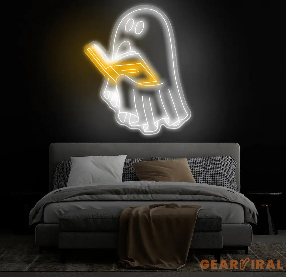 Bookworm Ghost Neon Sign Cute Reading Ghost LED Light Custom Reading Neon Sign for Book Lovers Ghost Neon Light for