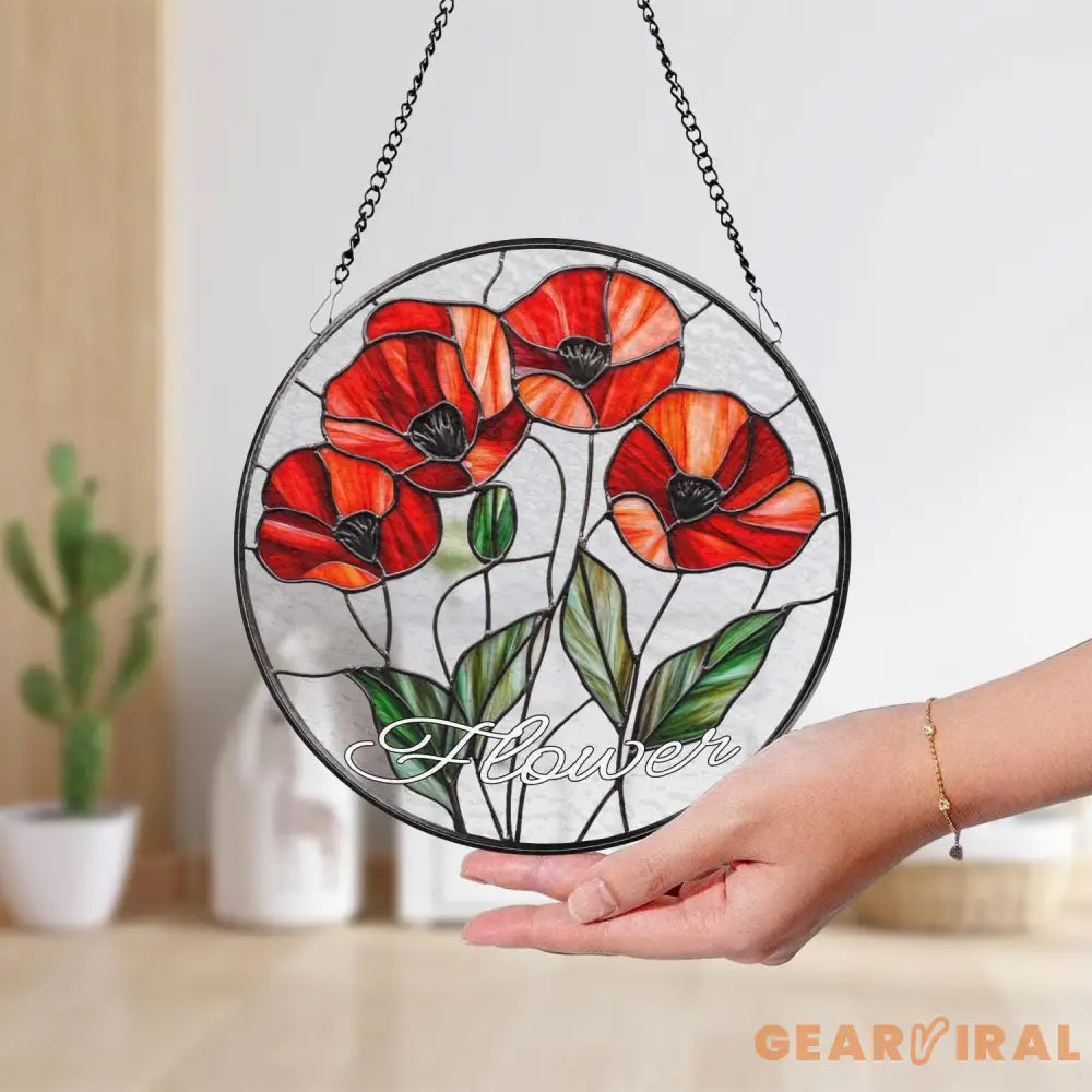 Botanical Poppy Glass Window Hanging Floral Suncatcher Art Handmade Nature Gift for Her Mother’s Day Home Decor Flower