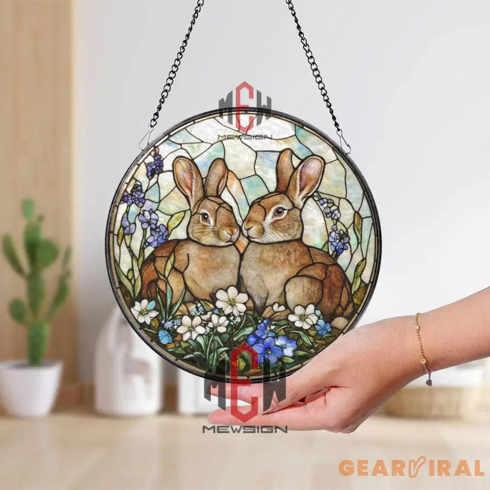 Bunny Couple Stained Glass Suncatcher Floral Rabbit Window Panel Spring Garden Animal Decor Easter Gift for Her