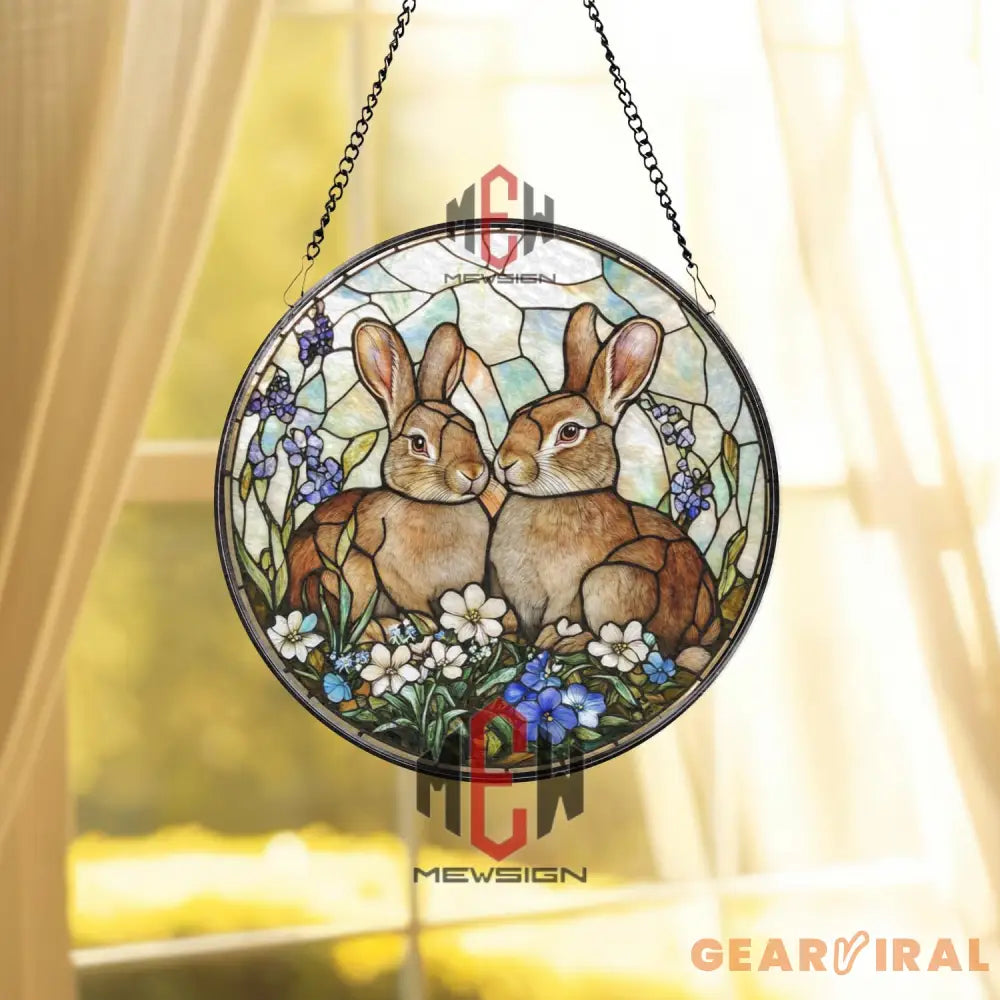 Bunny Couple Stained Glass Suncatcher Floral Rabbit Window Panel Spring Garden Animal Decor Easter Gift for Her