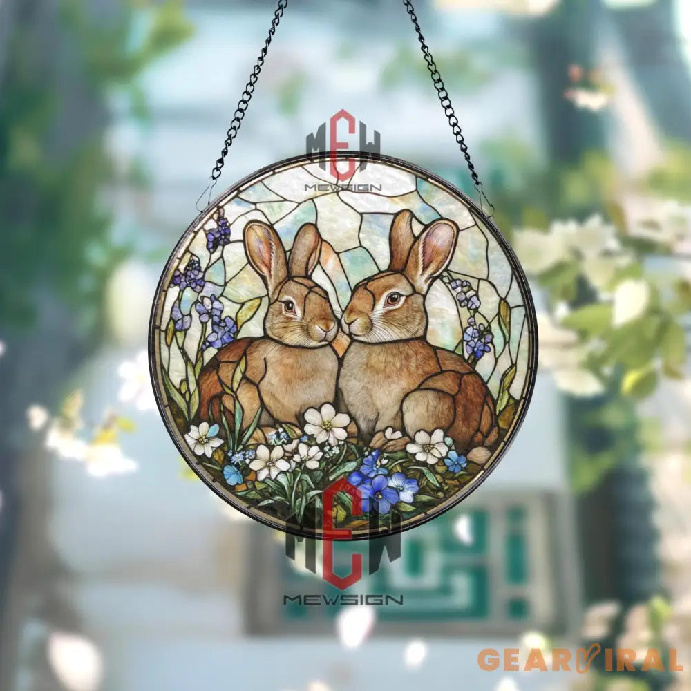 Bunny Couple Stained Glass Suncatcher Floral Rabbit Window Panel Spring Garden Animal Decor Easter Gift for Her