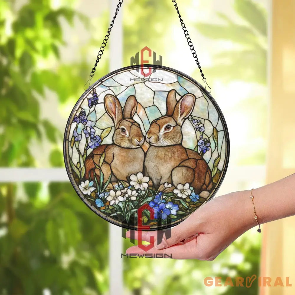 Bunny Couple Stained Glass Suncatcher Floral Rabbit Window Panel Spring Garden Animal Decor Easter Gift for Her