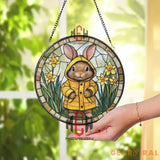Bunny in Raincoat Stained Glass Suncatcher Spring Rabbit Window Hanging Cute Yellow Coat Glass Panel Easter Gift for