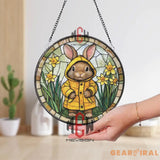 Bunny in Raincoat Stained Glass Suncatcher Spring Rabbit Window Hanging Cute Yellow Coat Glass Panel Easter Gift for
