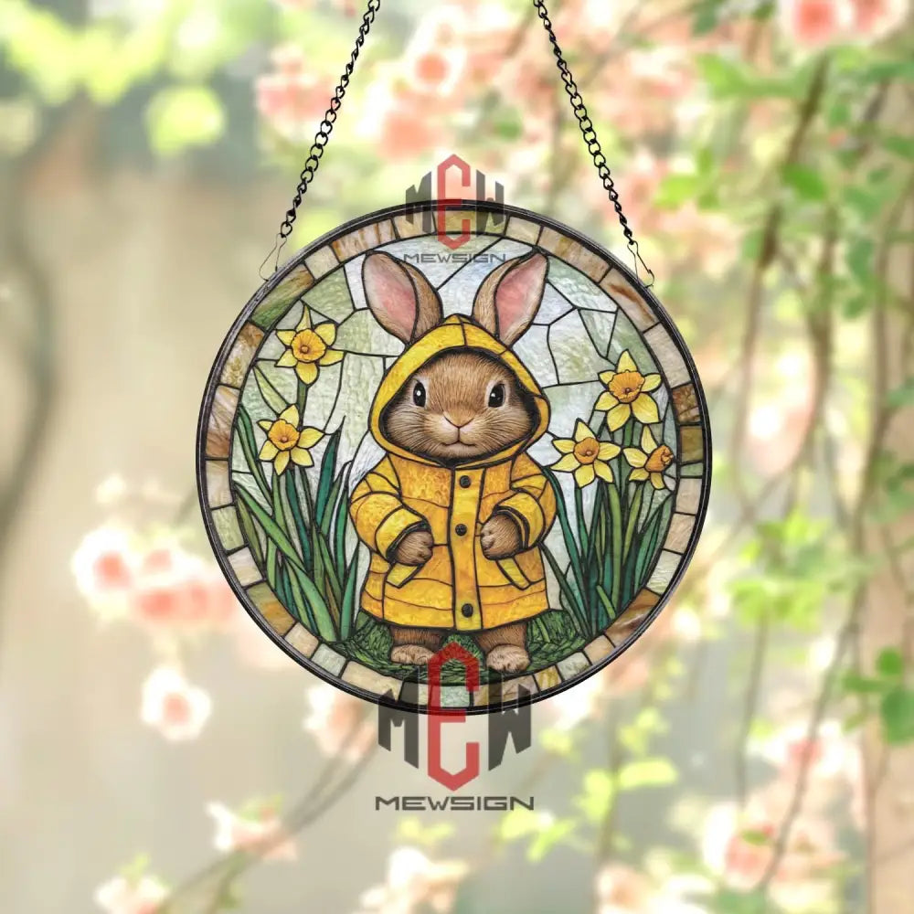 Bunny in Raincoat Stained Glass Suncatcher Spring Rabbit Window Hanging Cute Yellow Coat Glass Panel Easter Gift for