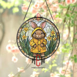 Bunny in Raincoat Stained Glass Suncatcher Spring Rabbit Window Hanging Cute Yellow Coat Glass Panel Easter Gift for