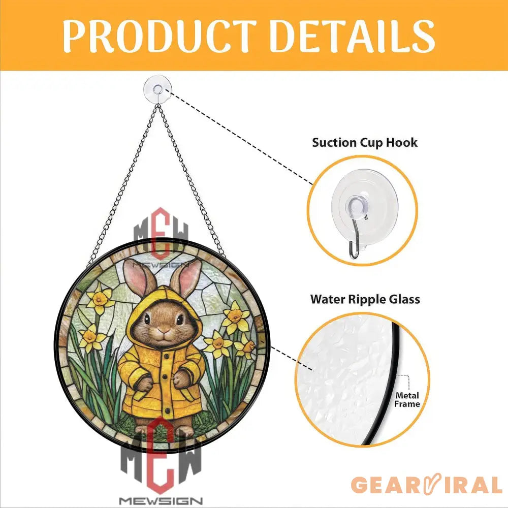 Bunny in Raincoat Stained Glass Suncatcher Spring Rabbit Window Hanging Cute Yellow Coat Glass Panel Easter Gift for
