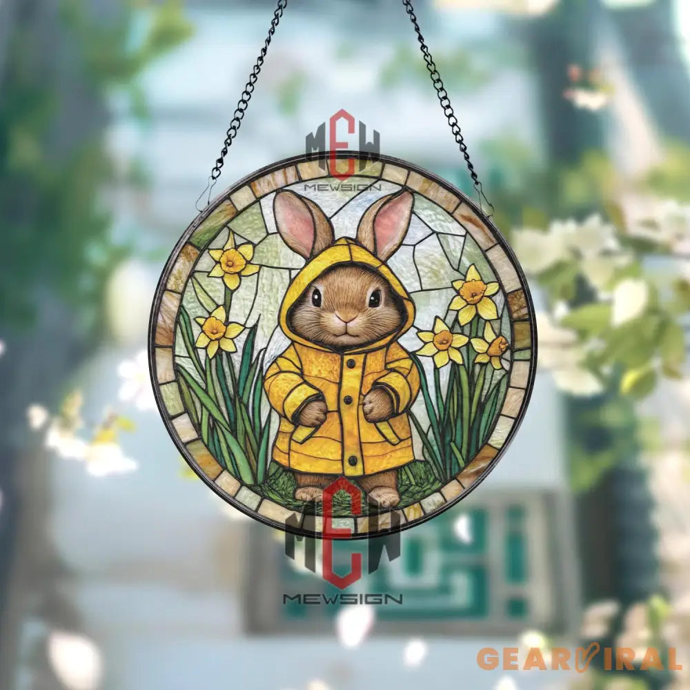 Bunny in Raincoat Stained Glass Suncatcher Spring Rabbit Window Hanging Cute Yellow Coat Glass Panel Easter Gift for