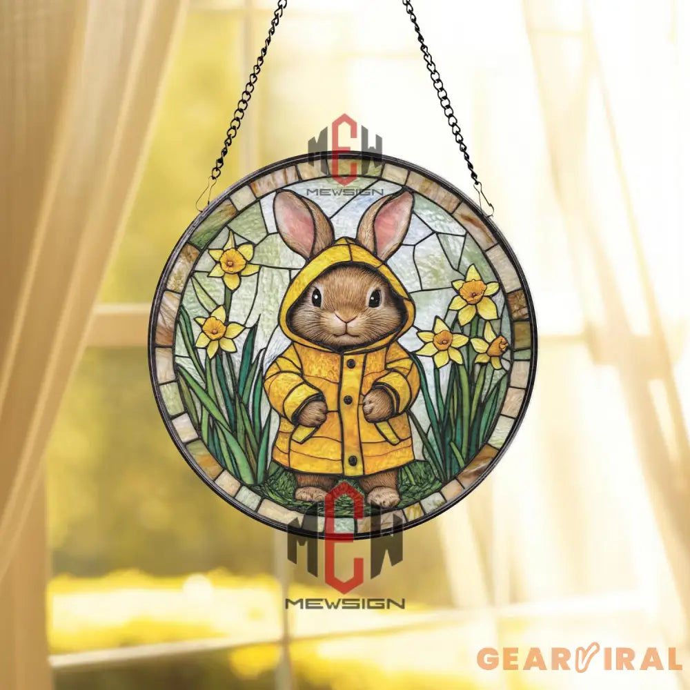 Bunny in Raincoat Stained Glass Suncatcher Spring Rabbit Window Hanging Cute Yellow Coat Glass Panel Easter Gift for