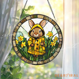 Bunny in Yellow Raincoat Stained Glass Suncatcher Spring Window Hanging Panel Cute Rabbit Garden Decor for Kids Room or