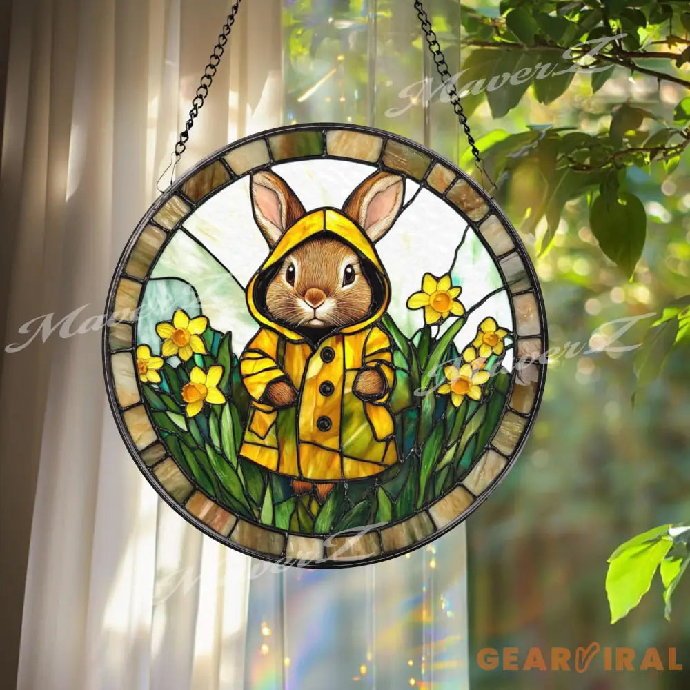 Bunny in Yellow Raincoat Stained Glass Suncatcher Spring Window Hanging Panel Cute Rabbit Garden Decor for Kids Room or