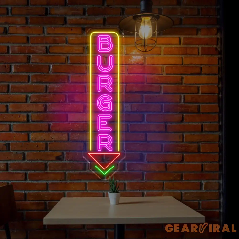 Burger Neon Sign Custom LED Burger Restaurant Sign Food & Drink Neon Light Vertical Burger Shop LED Wall Art Fast Food