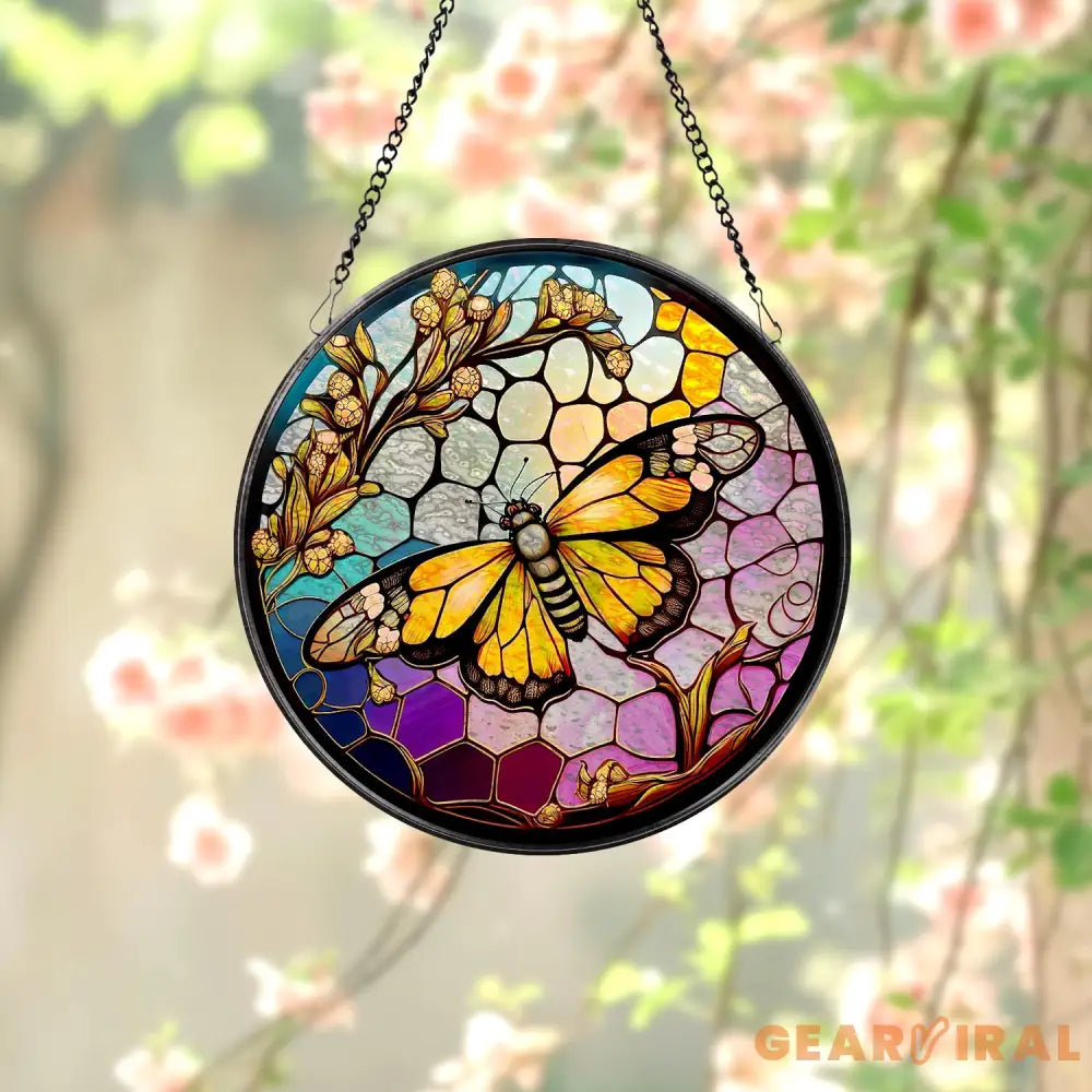 Butterfly Stained Glass SunCatcher Butterfly Light Catcher Window Hanging Home Decor Butterfly with Flowers Garden
