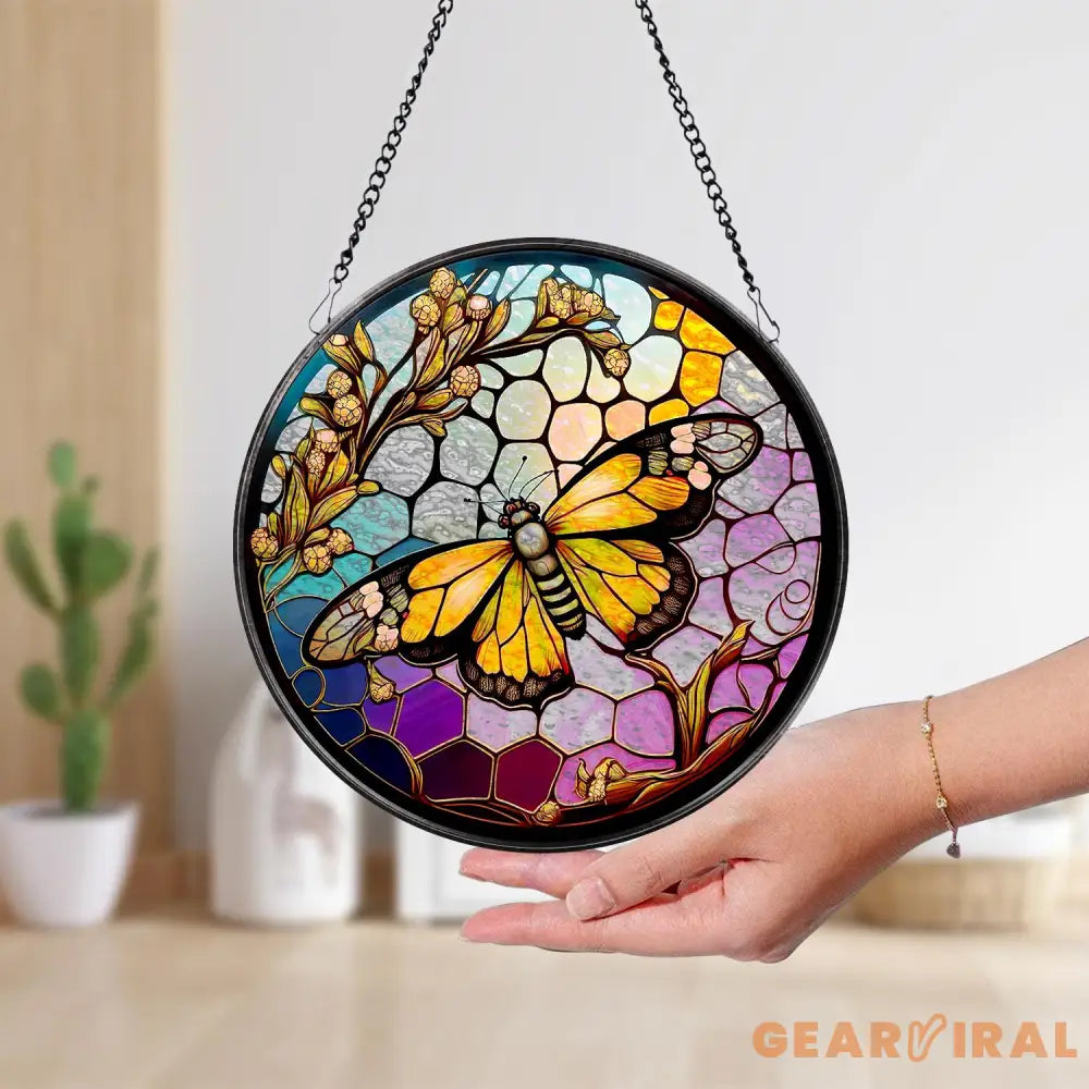 Butterfly Stained Glass SunCatcher Butterfly Light Catcher Window Hanging Home Decor Butterfly with Flowers Garden