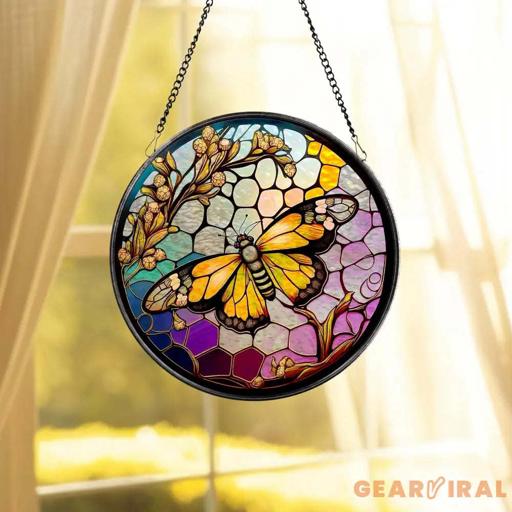 Butterfly Stained Glass SunCatcher Butterfly Light Catcher Window Hanging Home Decor Butterfly with Flowers Garden