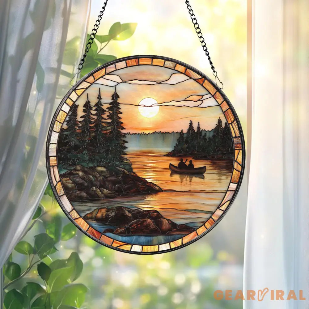 Canoe Lake Sunset Stained Glass Suncatcher Romantic Nature Window Hanging Cabin Wall Decor Gift for Outdoor & Camping