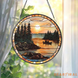 Canoe Lake Sunset Stained Glass Suncatcher Romantic Nature Window Hanging Cabin Wall Decor Gift for Outdoor & Camping