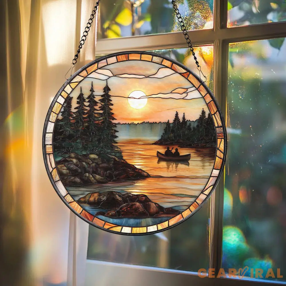 Canoe Lake Sunset Stained Glass Suncatcher Romantic Nature Window Hanging Cabin Wall Decor Gift for Outdoor & Camping