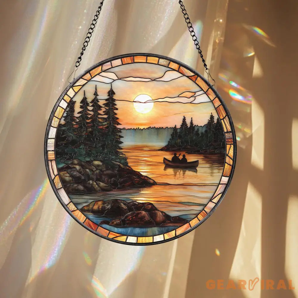 Canoe Lake Sunset Stained Glass Suncatcher Romantic Nature Window Hanging Cabin Wall Decor Gift for Outdoor & Camping