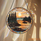 Canoe Lake Sunset Stained Glass Suncatcher Romantic Nature Window Hanging Cabin Wall Decor Gift for Outdoor & Camping